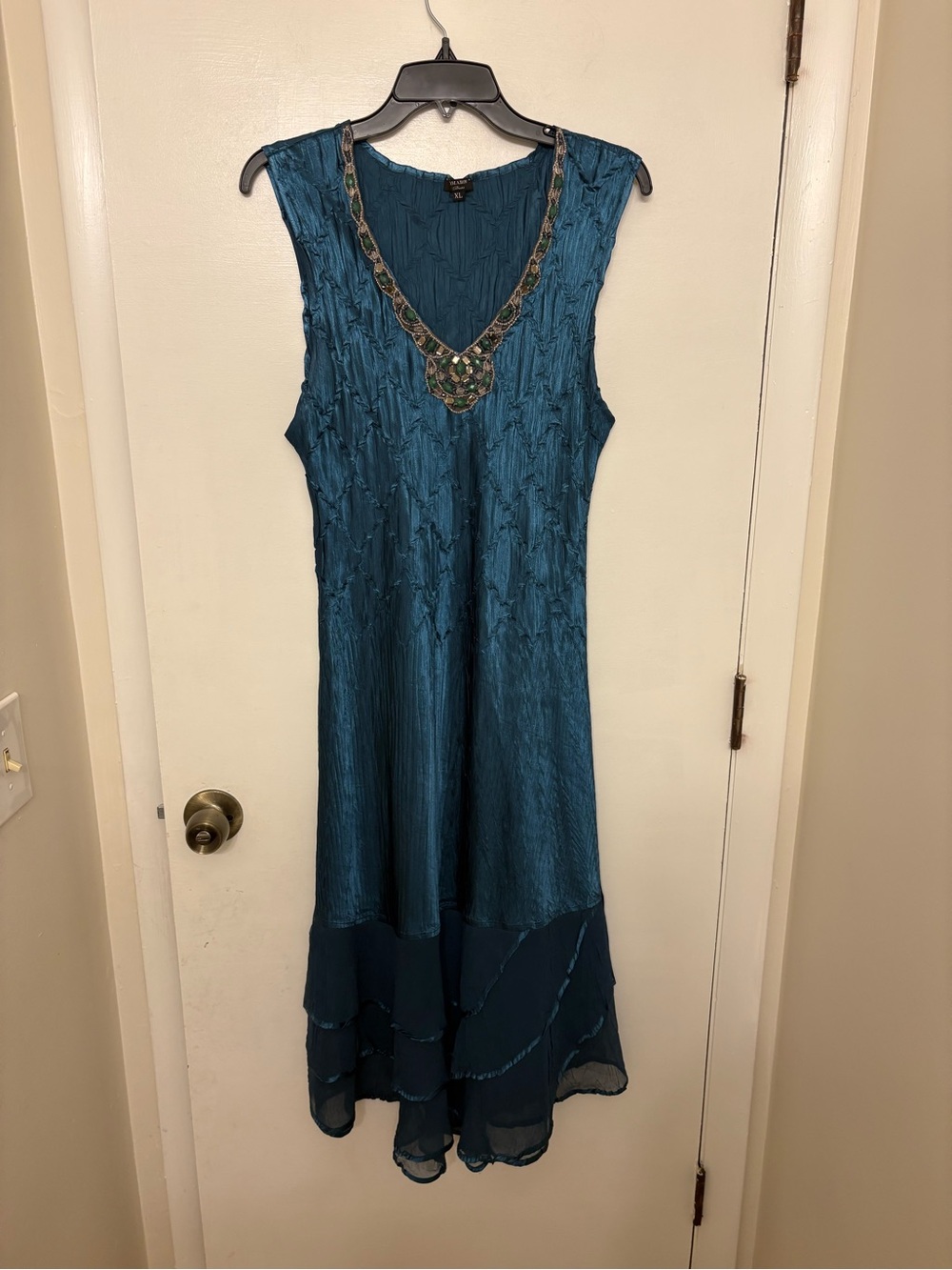 Komarov Embellished Beaded V-Neck Crinkle Chiffon Midi Dress Teal Blue Size XL